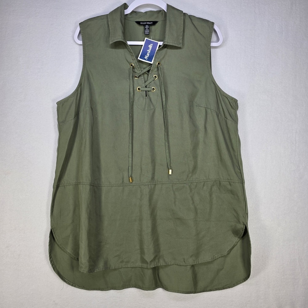 Ellen Tracy Womens Olive Green Sleeveless Collared Tunic Blouse Top Size XL